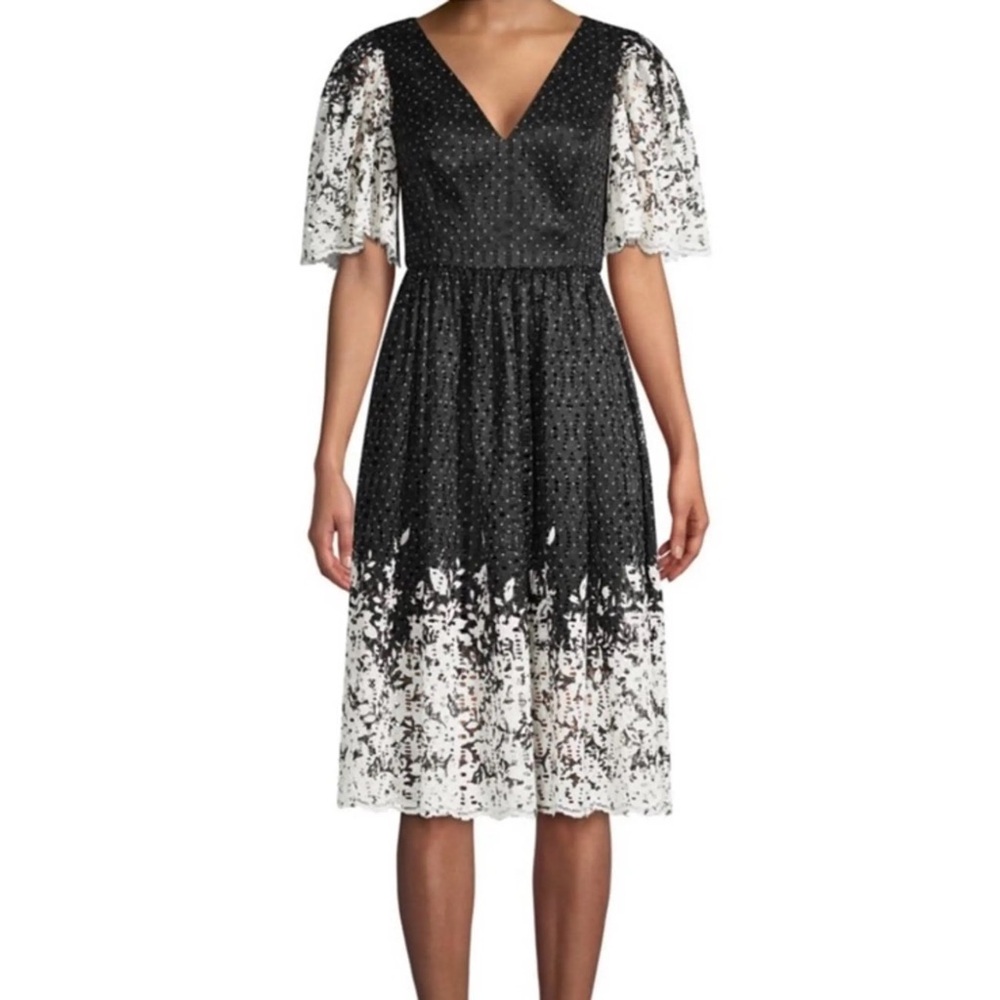 Eliza J Black White Lace V-Neck Ombre Floral Midi Dress Size 14 NWT